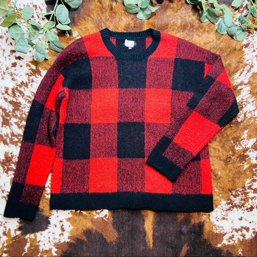 Lucky Brand Wool Blend Black and Red Picnic Table Checkered Long Sleeve Sweater